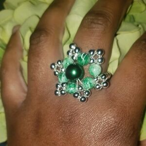 Chic Green and Silver Beaded Ring